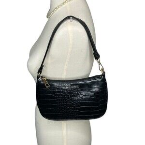 Y2K Alexis Bendel Black Faux Leather Handbag Purse Mini Bag‎ Embossed Croc